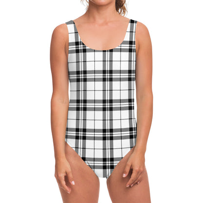 White And Black Tartan Pattern Print One Piece Swimsuit