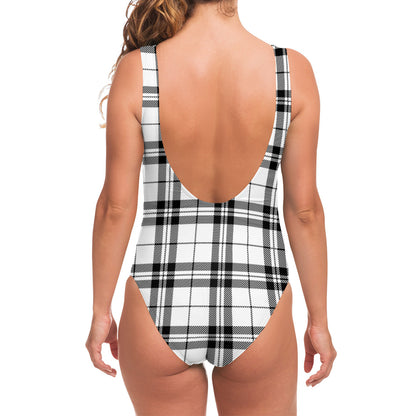 White And Black Tartan Pattern Print One Piece Swimsuit