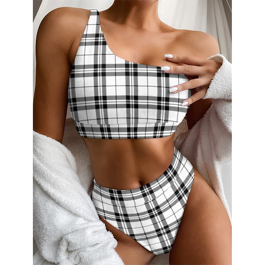 White And Black Tartan Pattern Print One Shoulder Bikini Top