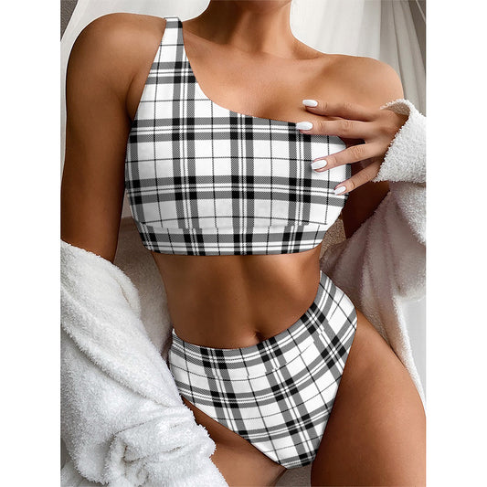 White And Black Tartan Pattern Print One Shoulder Bikini Top