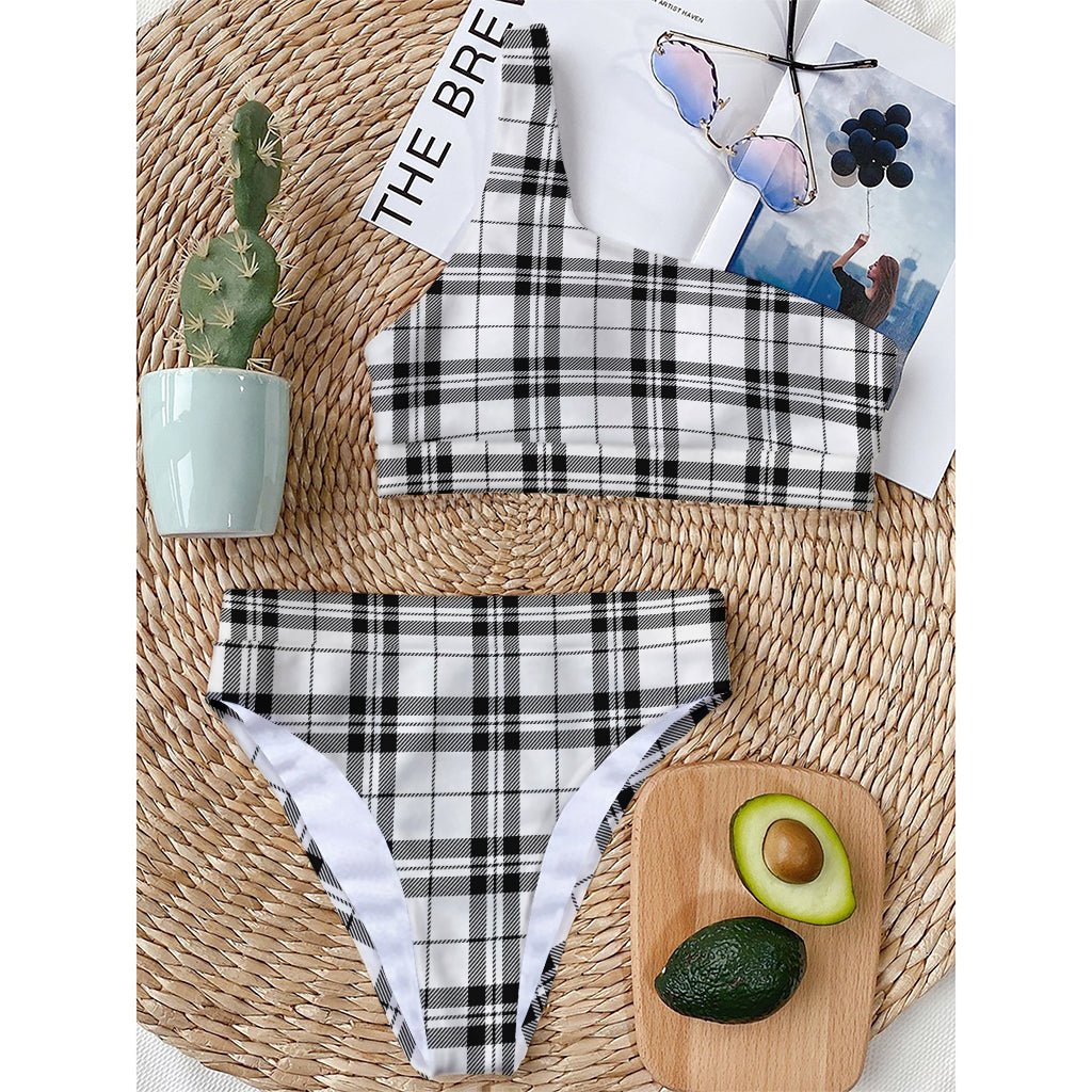 White And Black Tartan Pattern Print One Shoulder Bikini Top