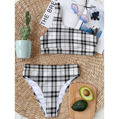 White And Black Tartan Pattern Print One Shoulder Bikini Top
