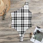 White And Black Tartan Pattern Print One Shoulder Bodysuit