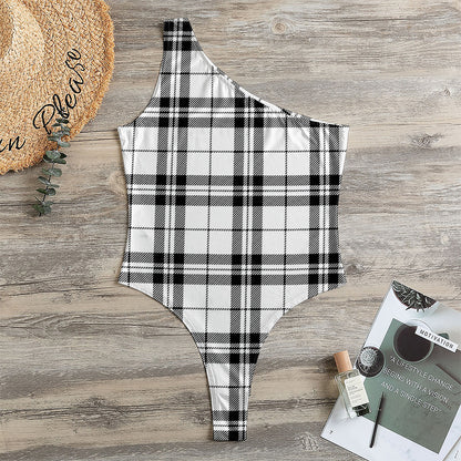 White And Black Tartan Pattern Print One Shoulder Bodysuit