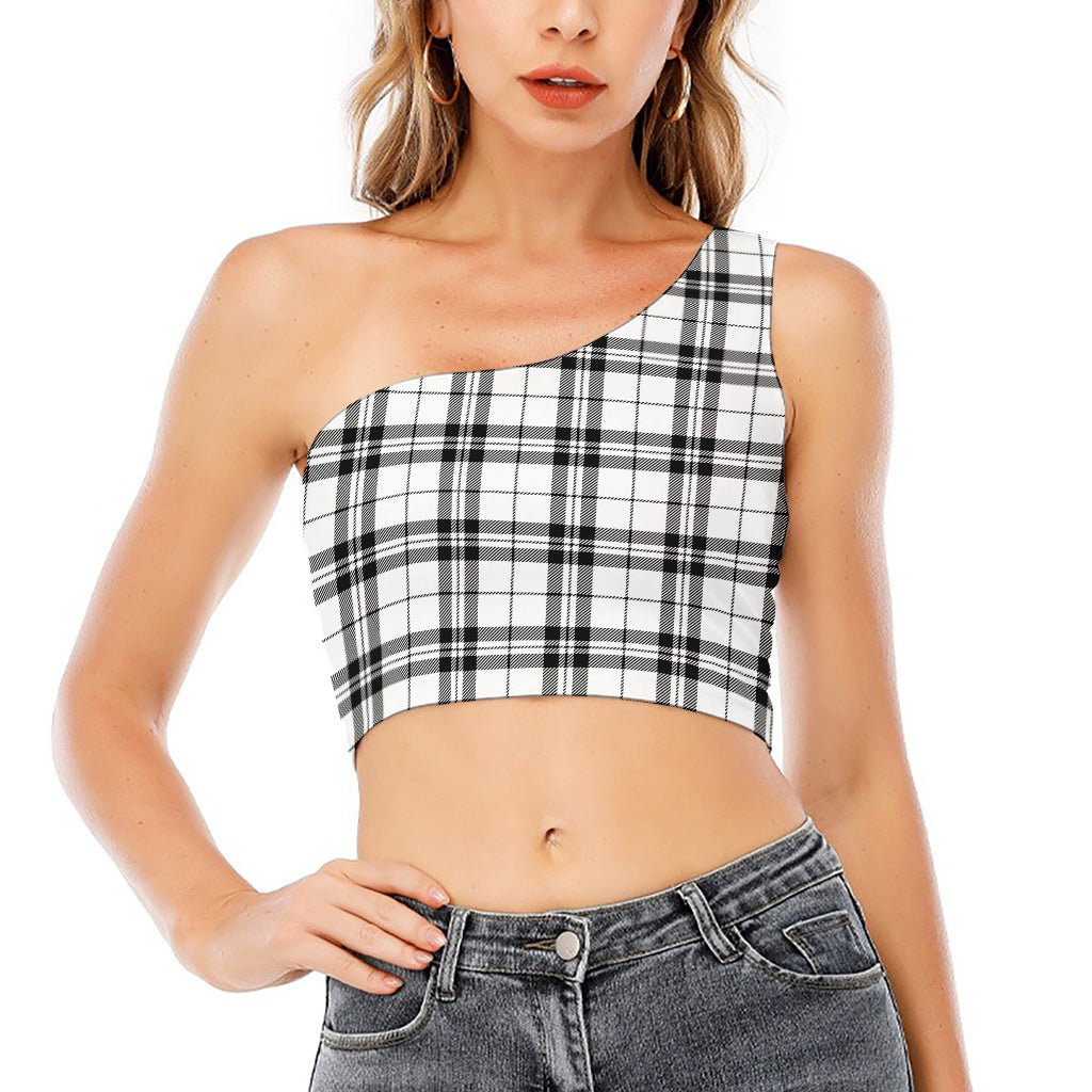 White And Black Tartan Pattern Print One Shoulder Crop Top