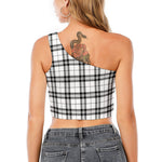 White And Black Tartan Pattern Print One Shoulder Crop Top