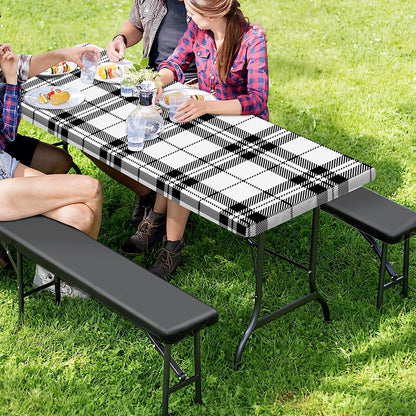 White And Black Tartan Pattern Print Picnic Table Cover