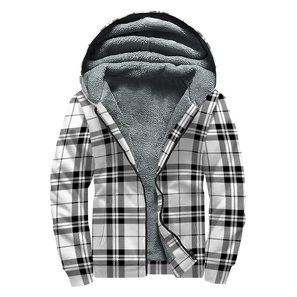 White And Black Tartan Pattern Print Sherpa Lined Zip Up Hoodie