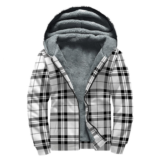White And Black Tartan Pattern Print Sherpa Lined Zip Up Hoodie