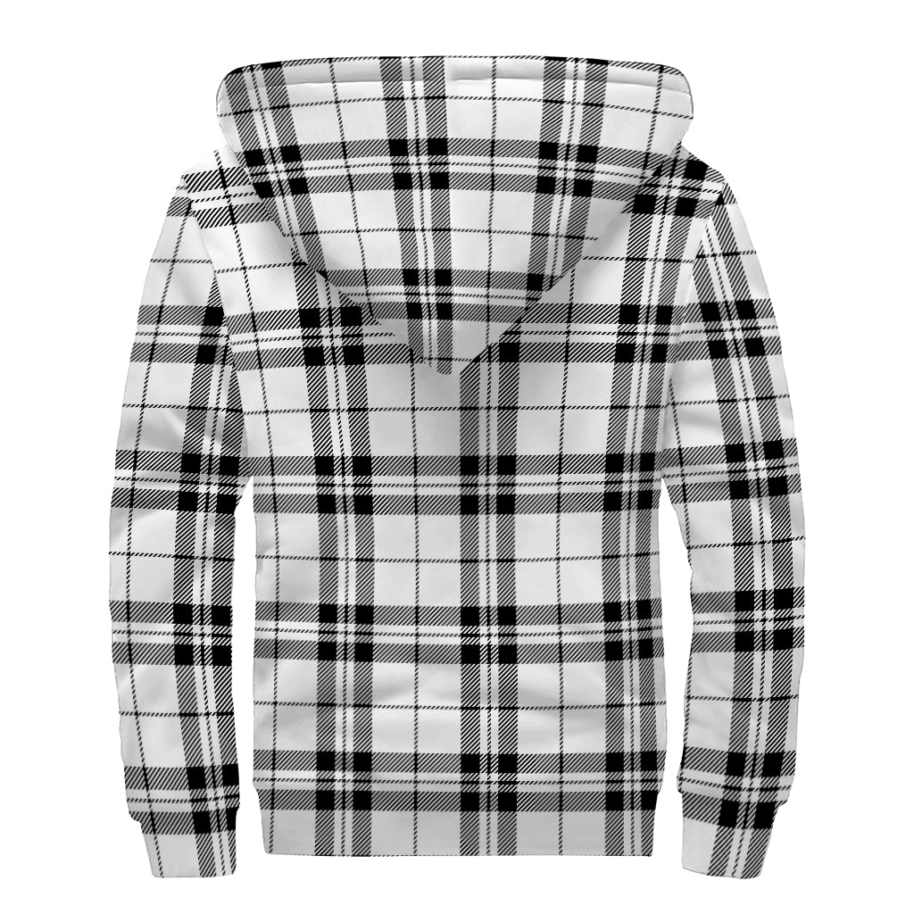 White And Black Tartan Pattern Print Sherpa Lined Zip Up Hoodie