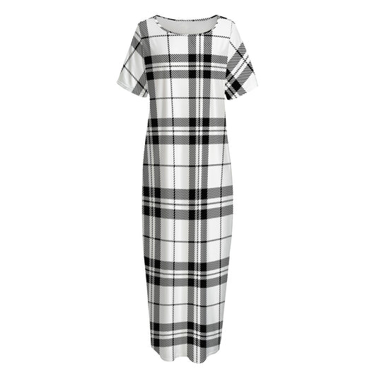White And Black Tartan Pattern Print Short Sleeve Long Nightdress