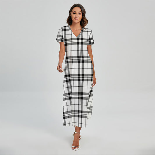 White And Black Tartan Pattern Print Short Sleeve Maxi Dress