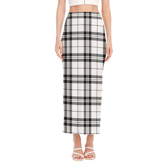 White And Black Tartan Pattern Print Side Slit Maxi Skirt