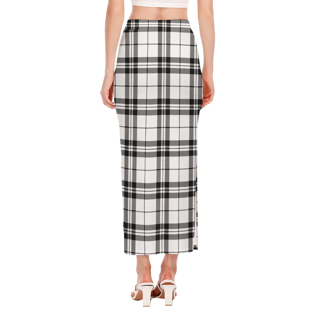 White And Black Tartan Pattern Print Side Slit Maxi Skirt