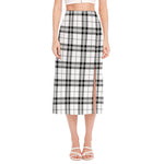 White And Black Tartan Pattern Print Side Slit Midi Skirt