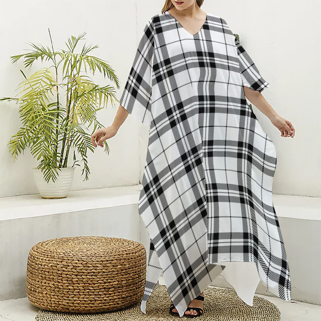 White And Black Tartan Pattern Print Silk V-Neck Kaftan Dress