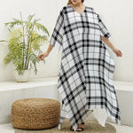 White And Black Tartan Pattern Print Silk V-Neck Kaftan Dress
