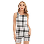 White And Black Tartan Pattern Print Sleeveless One Piece Swimsuit