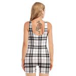 White And Black Tartan Pattern Print Sleeveless One Piece Swimsuit