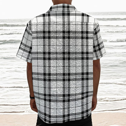 White And Black Tartan Pattern Print Textured Short Sleeve Shirt