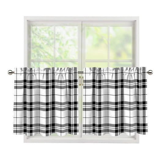 White And Black Tartan Pattern Print Tier Curtains