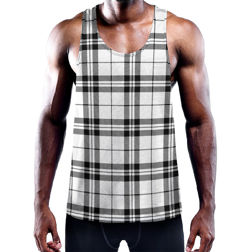 White And Black Tartan Pattern Print Training Tank Top