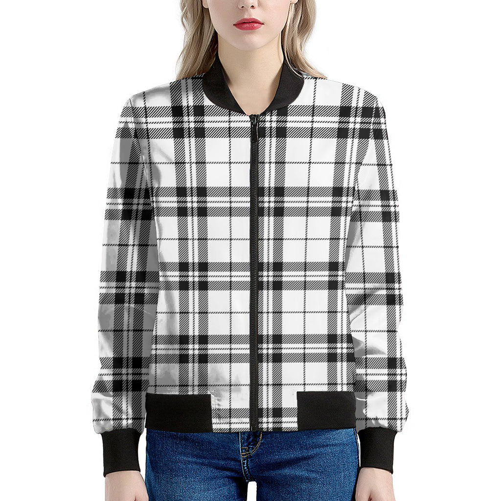 White And Black Tartan Pattern Print Women's Bomber Jacket