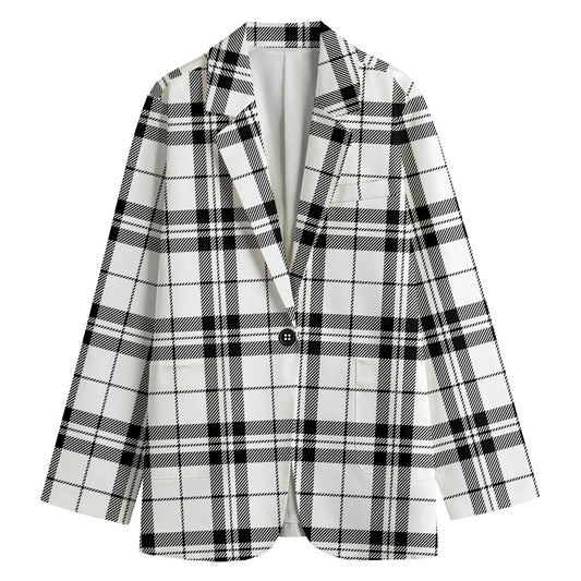 White And Black Tartan Pattern Print Women's Cotton Blazer