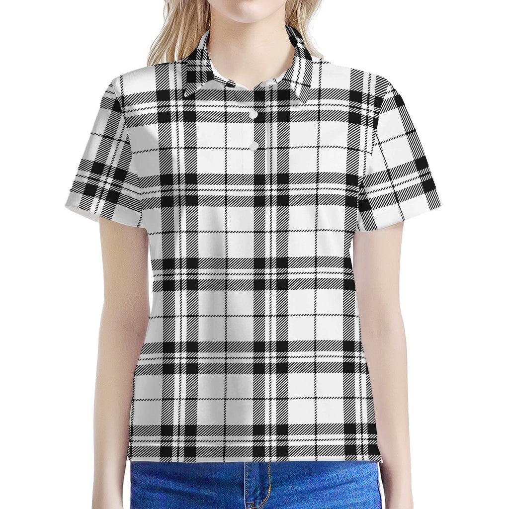 White And Black Tartan Pattern Print Women's Polo Shirt