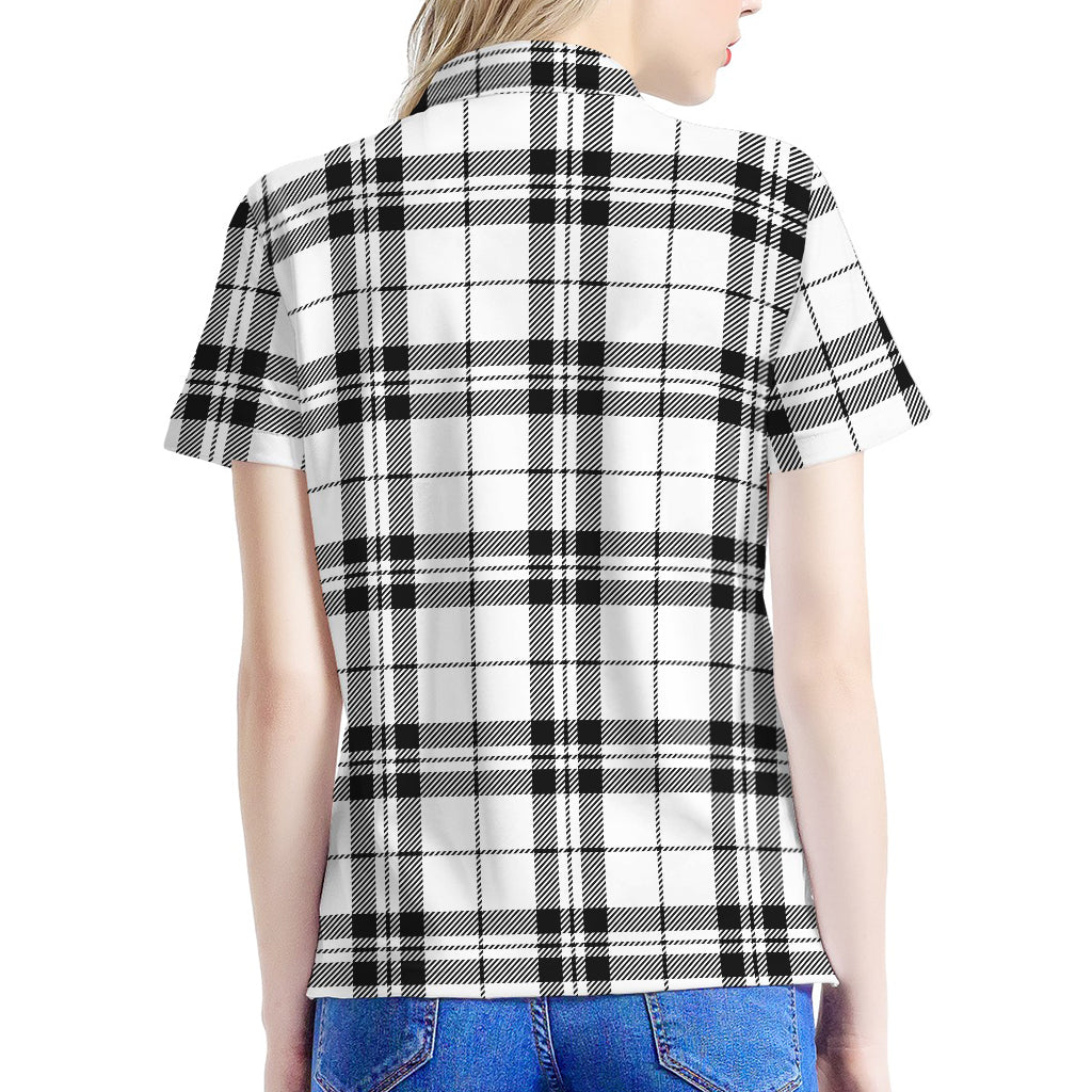 White And Black Tartan Pattern Print Women's Polo Shirt