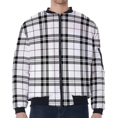 White And Black Tartan Pattern Print Zip Sleeve Bomber Jacket
