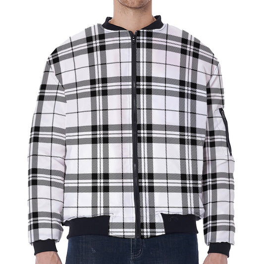 White And Black Tartan Pattern Print Zip Sleeve Bomber Jacket
