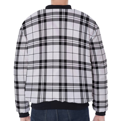 White And Black Tartan Pattern Print Zip Sleeve Bomber Jacket