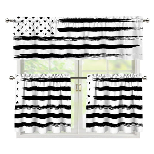 White And Black USA Flag Print 3 Piece Kitchen Curtains