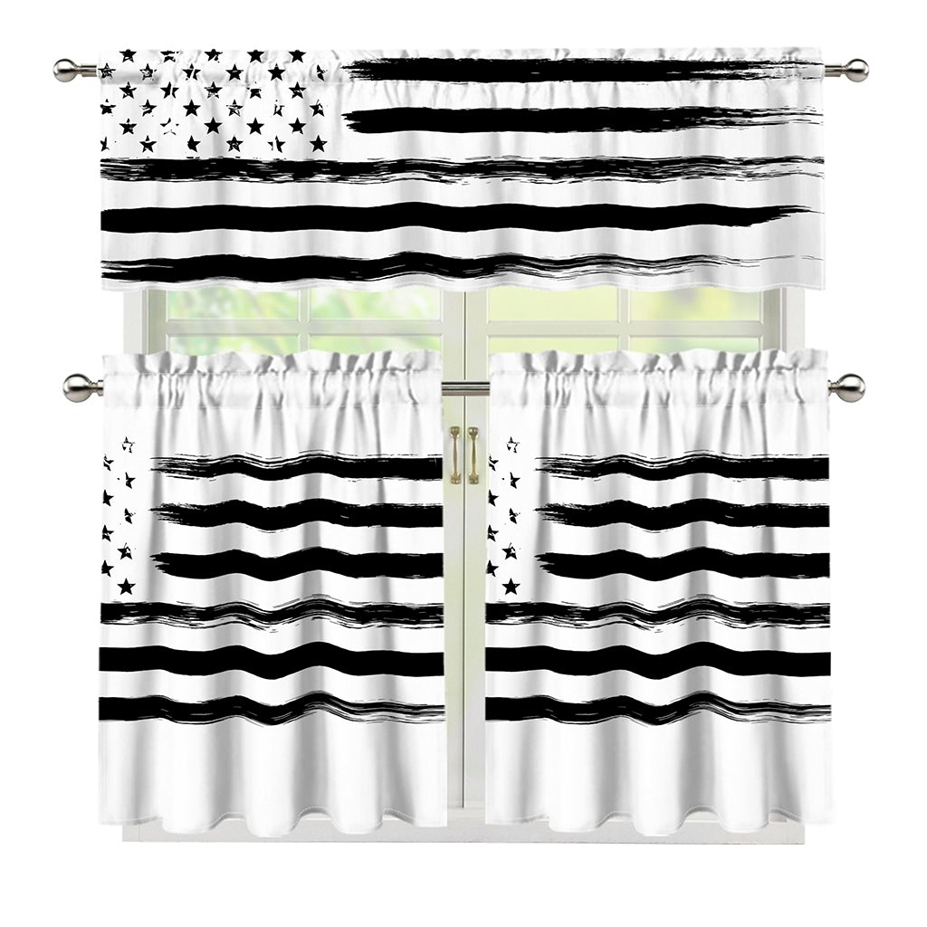 White And Black USA Flag Print 3 Piece Kitchen Curtains