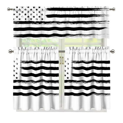White And Black USA Flag Print 3 Piece Kitchen Curtains