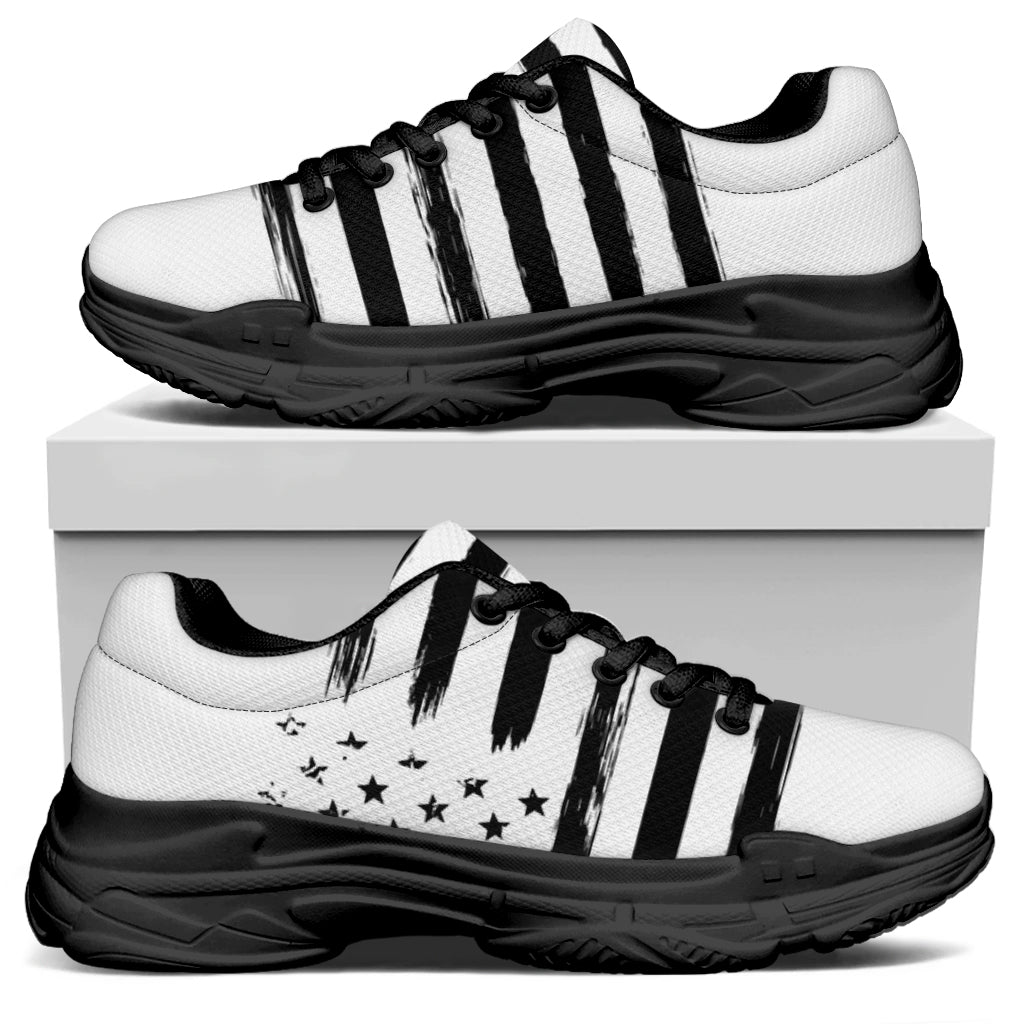 White And Black USA Flag Print Black Chunky Shoes
