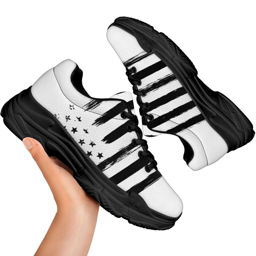 White And Black USA Flag Print Black Chunky Shoes