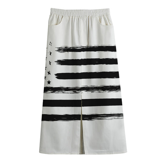 White And Black USA Flag Print Cotton Front Slit Maxi Skirt