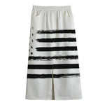 White And Black USA Flag Print Cotton Front Slit Maxi Skirt