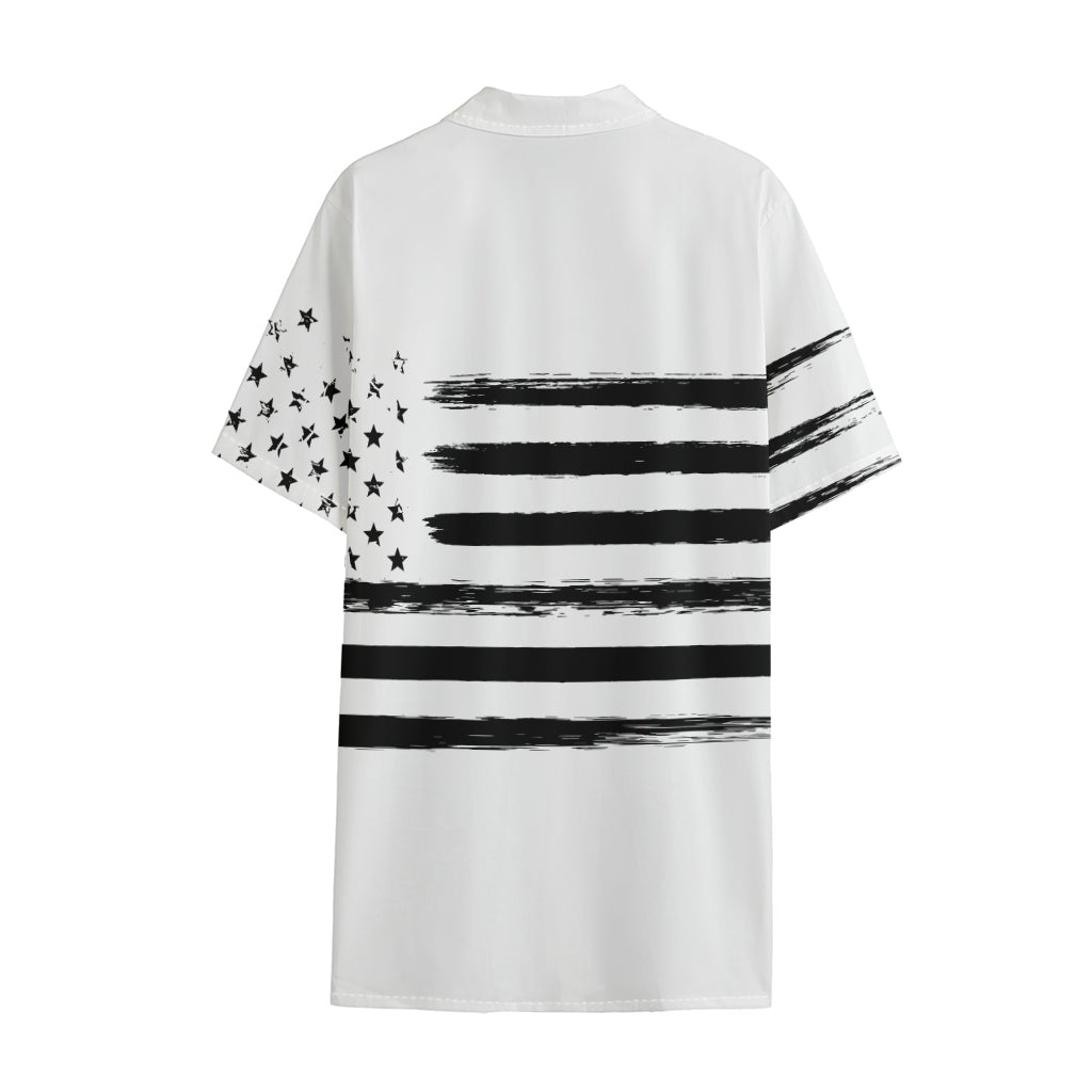 White And Black USA Flag Print Cotton Hawaiian Shirt