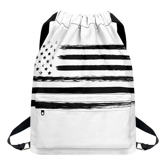 White And Black USA Flag Print Drawstring Backpack