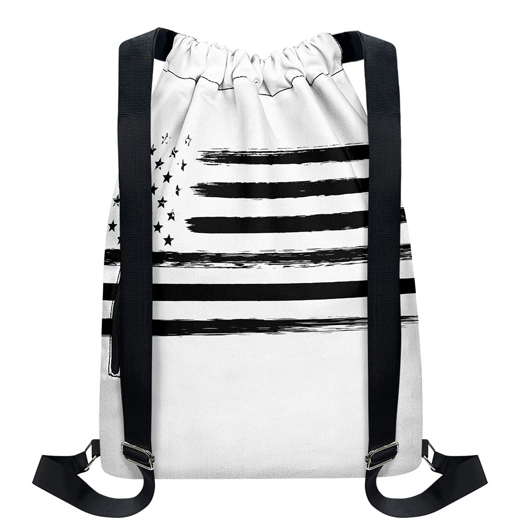 White And Black USA Flag Print Drawstring Backpack