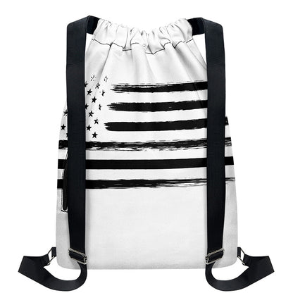 White And Black USA Flag Print Drawstring Backpack