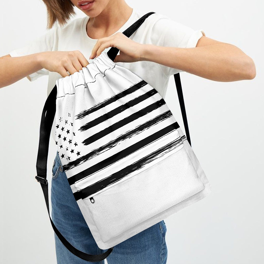 White And Black USA Flag Print Drawstring Backpack