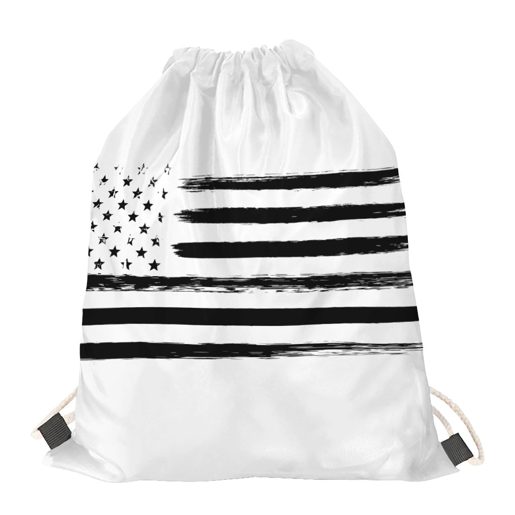White And Black USA Flag Print Drawstring Bag