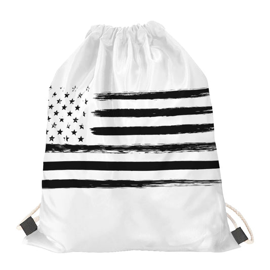 White And Black USA Flag Print Drawstring Bag