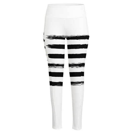 White And Black USA Flag Print High-Waisted Pocket Leggings