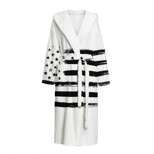 White And Black USA Flag Print Hooded Bathrobe