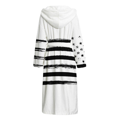 White And Black USA Flag Print Hooded Bathrobe